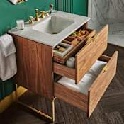 DXV Belshire 30 Inch Vanity Includes Vanity Top, Legs, Sink, and Faucet - Less Handles Warm Walnut/Satin Brass